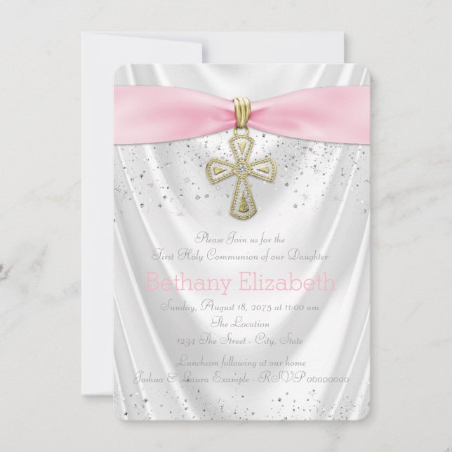 Pink Cross First Communion White Satin Glitter Invitation (Front)
