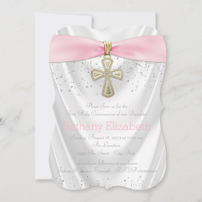Pink Cross First Communion White Satin Pink Invitation (Front)