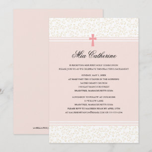 Pink Cross First Holy Communion Invitation
