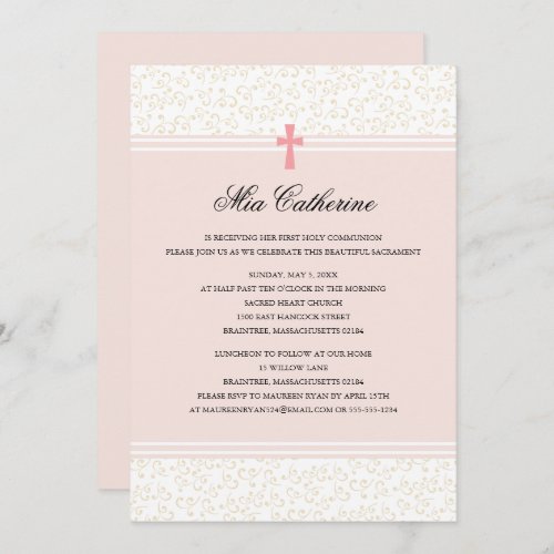 Pink Cross First Holy Communion Invitation