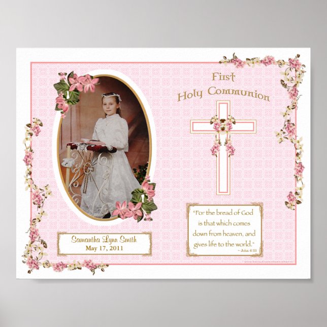 Pink Cross First Holy Communion Personalized 11x14 Poster (Front)
