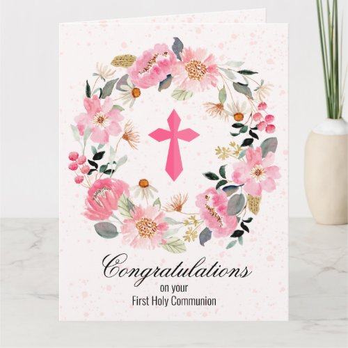 Pink Cross Floral Wreath First Communion Card