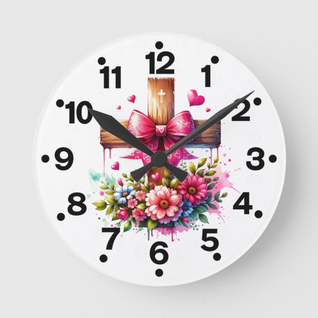 Pink Cross Flowers Round Clock (Front)