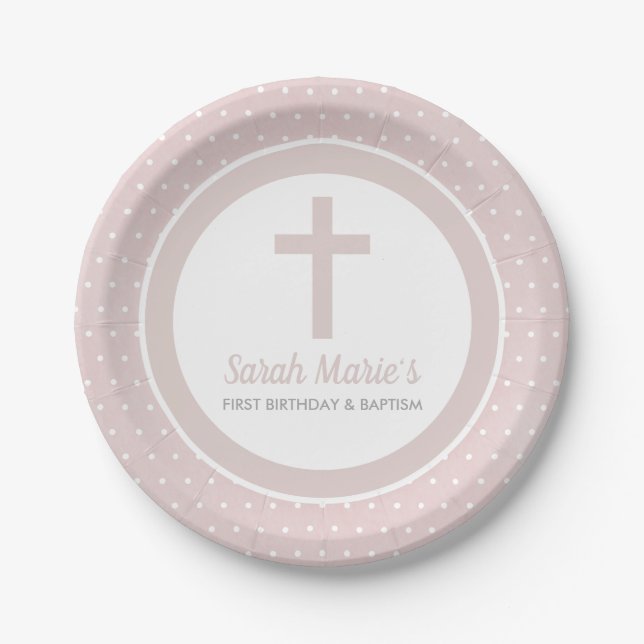 Pink Cross Girl Baby Baptism First Birthday Paper Plates (Front)