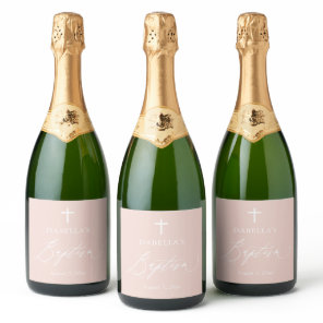 Pink Cross Girl Baptism Sparkling Wine Bottle Labe Label