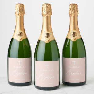 Pink Cross Girl Baptism Sparkling Wine Bottle Labe Label