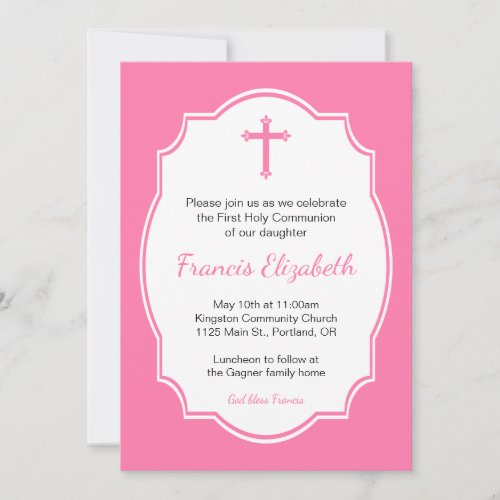 Pink Cross Girl First Holy Communion Invitation