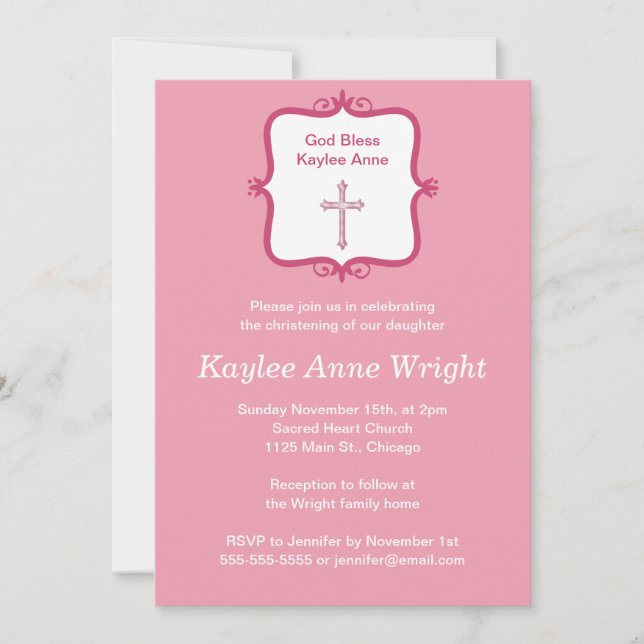 Pink Cross Girl's Baptism Christening Invitation (Front)
