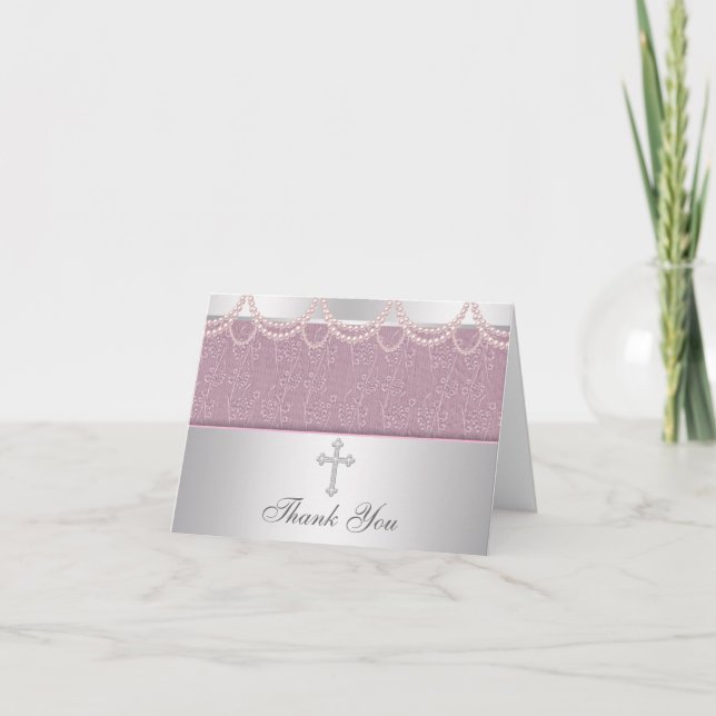 Pink Cross Girls Cristening Thank You Cards (Front)