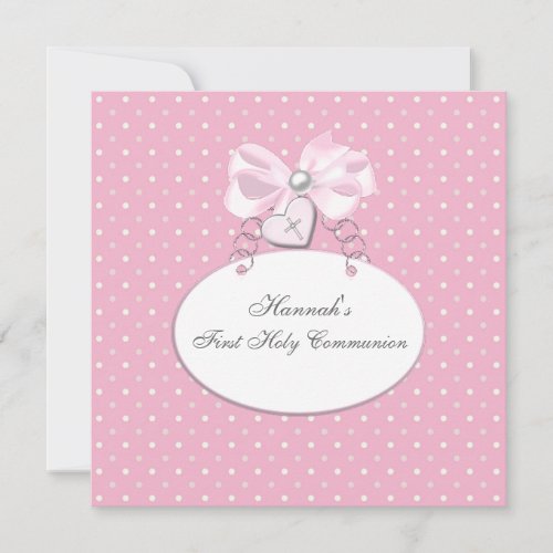 Pink Heart Cross Girls First Communion Custom Invitations