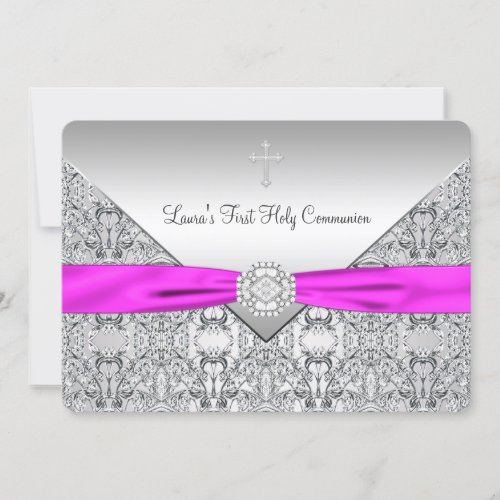 Pink Cross Girls Pink First Communion Personalized Invitations