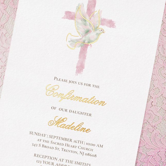 pink cross Holy Spirit Confirmation  Foil Invitation (Creator Uploaded)