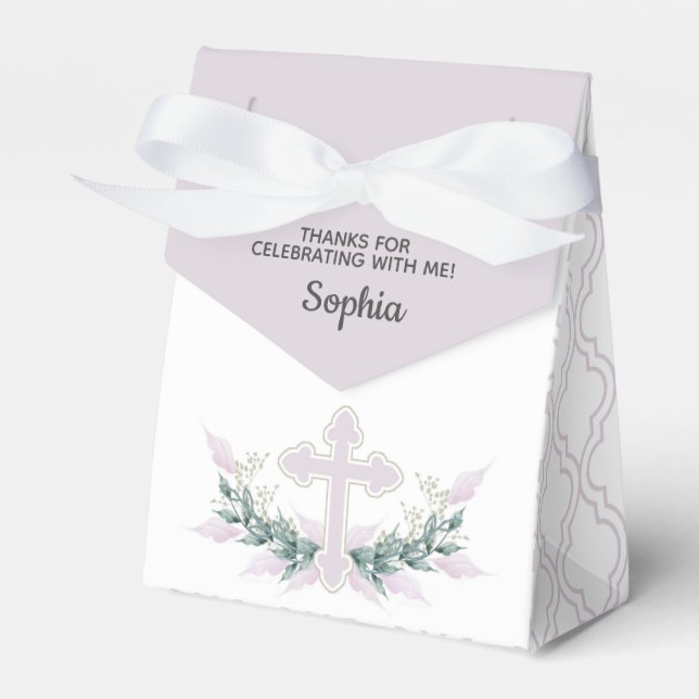 Pink Cross on Quatrefoil Party Favor Box (Front Side)