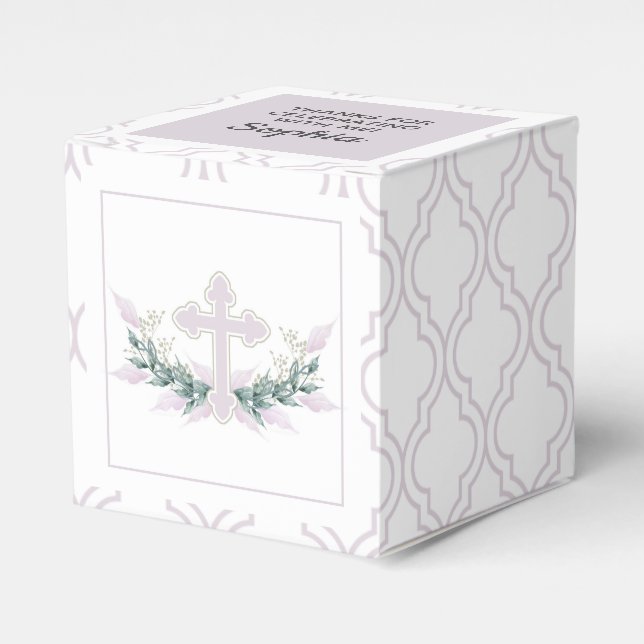 Pink Cross on Quatrefoil Party Favor Box (Front Side)