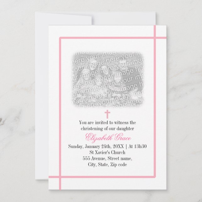 Pink Cross Photo Christening Invitation (Front)