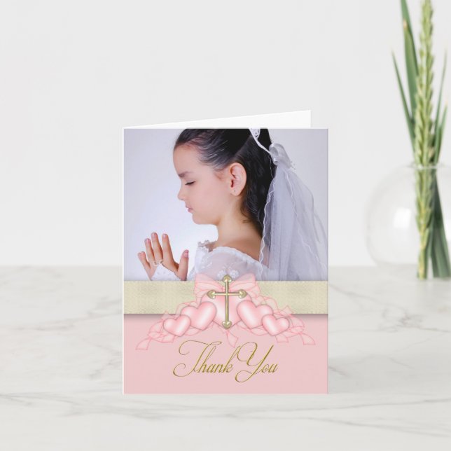 Pink Cross Photo First Communion Thank You Cards (Front)