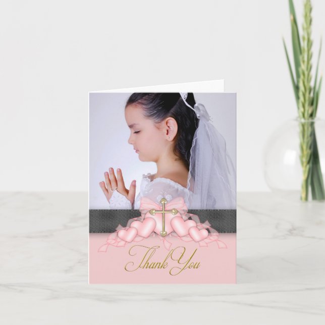 Pink Cross Photo First Communion Thank You Cards (Front)