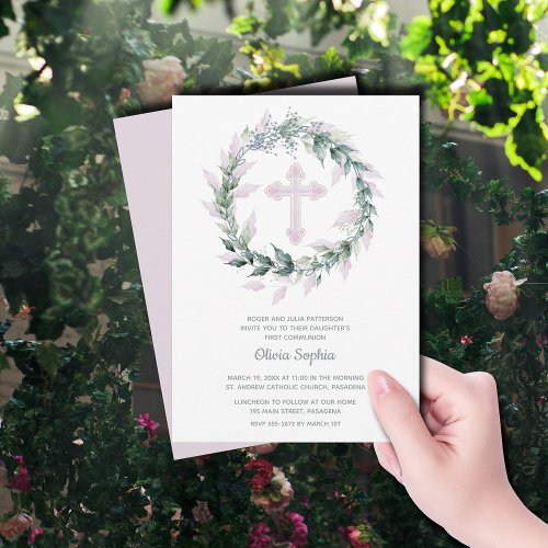 Pink Cross Sage Leaf Wreath First Communion Invitation