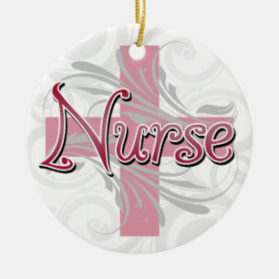 Pink Cross/Swirl Nurse Ceramic Ornament