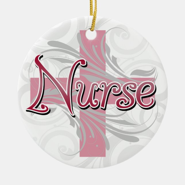 Pink Cross/Swirl Nurse Ceramic Ornament (Front)