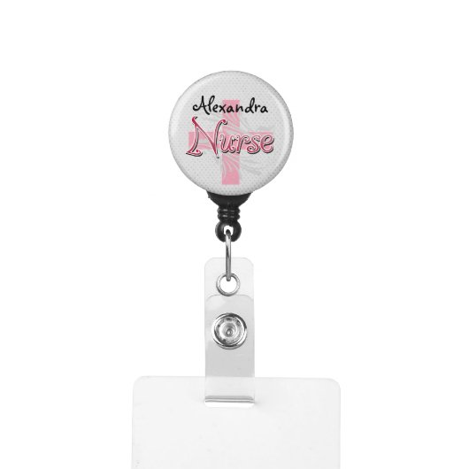 Pink Cross/Swirl Nurse Personalized Name Badge Holder (Badge Clip Front)