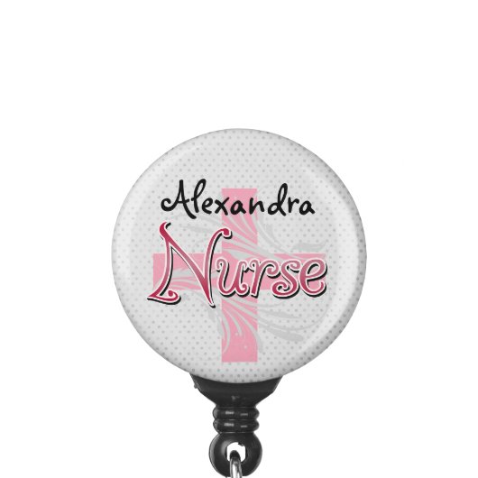 Pink Cross/Swirl Nurse Personalized Name Badge Holder (Clip Front)