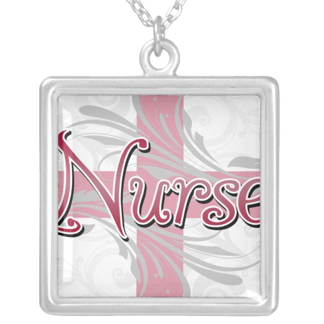 Pink Cross/Swirl Nurse Silver Plated Necklace (Front)