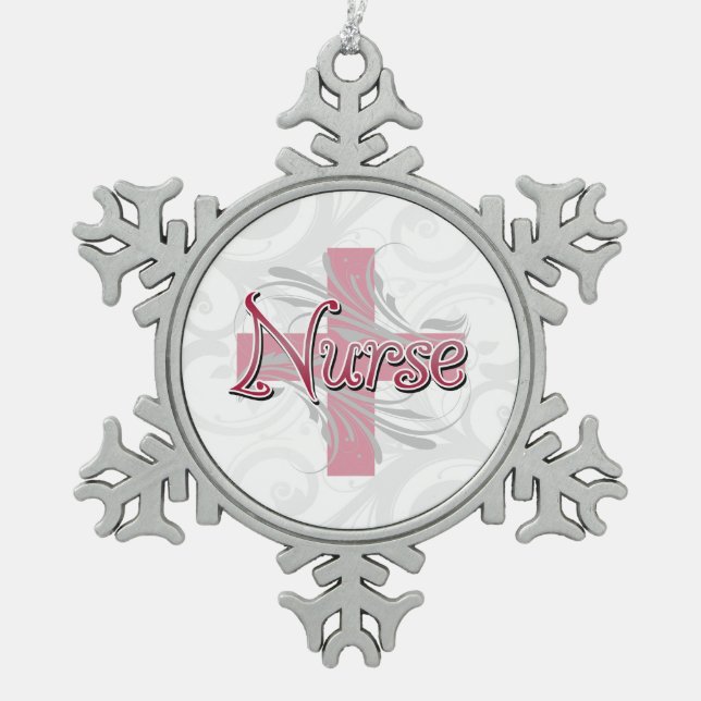 Pink Cross/Swirl Nurse Snowflake Pewter Christmas Ornament (Front)