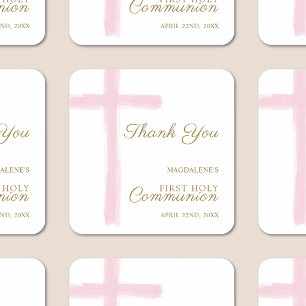 Pink Cross Thank You First Holy Communion Square Sticker