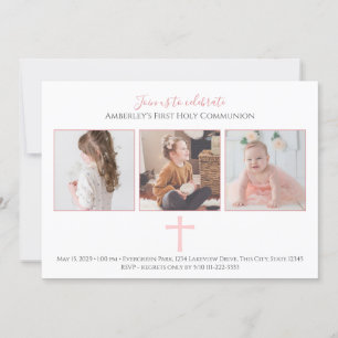 Pink Cross Tri Photo First Holy Communion  Invitation