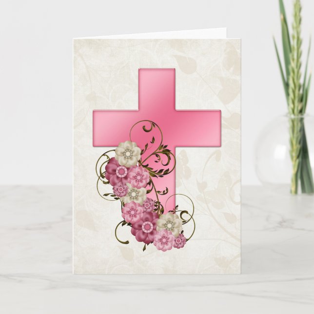 Pink Cross w Flowers 1 Christian Greeting Card (Front)