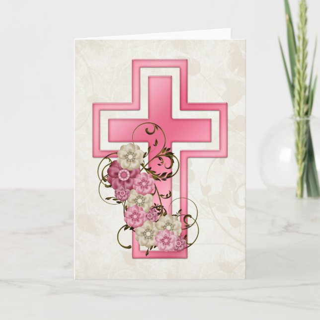 Pink Cross w Flowers 2 Christian Greeting Card (Front)