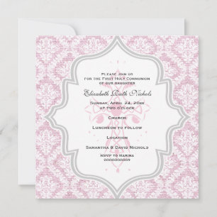 Pink Cross white damask burlap First Communion Invitation