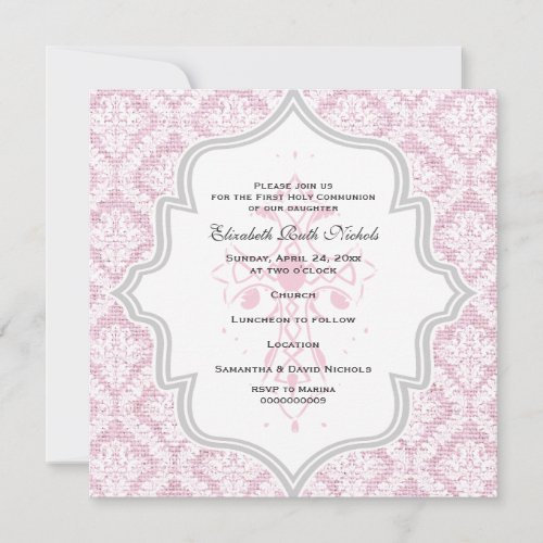 Pink Cross white damask burlap First Communion Custom Invitation