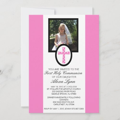 Pink Cross with Photo Communion Invitation