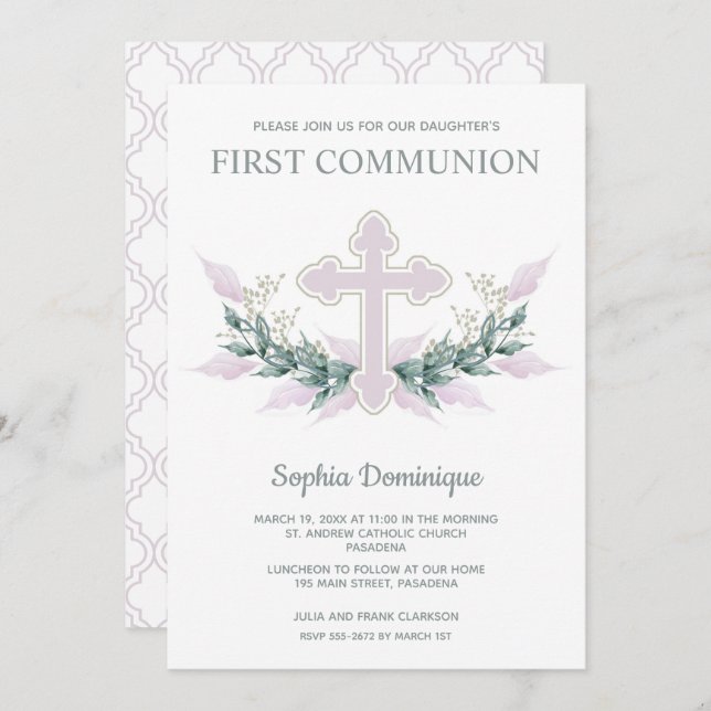 Pink Cross & Wreath First Communion Invitations (Front/Back)