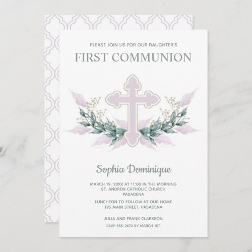Pink Cross  Wreath First Communion Invitations