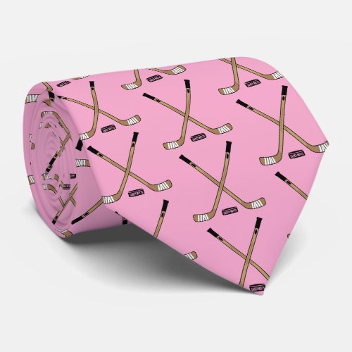 Pink Crossed Hockey Sticks and Puck Neck Tie