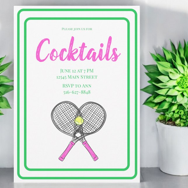 Pink Crossed Tennis Racquets Cocktail Party Balls Invitation (Creator Uploaded)