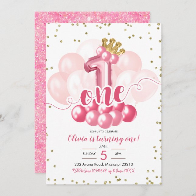 Pink Crown Balloon First Birthday Invitation (Front/Back)