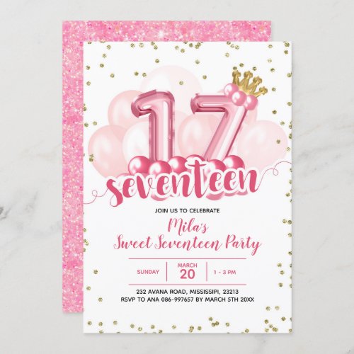 Pink Crown Balloon Seventeen Birthday Invitation