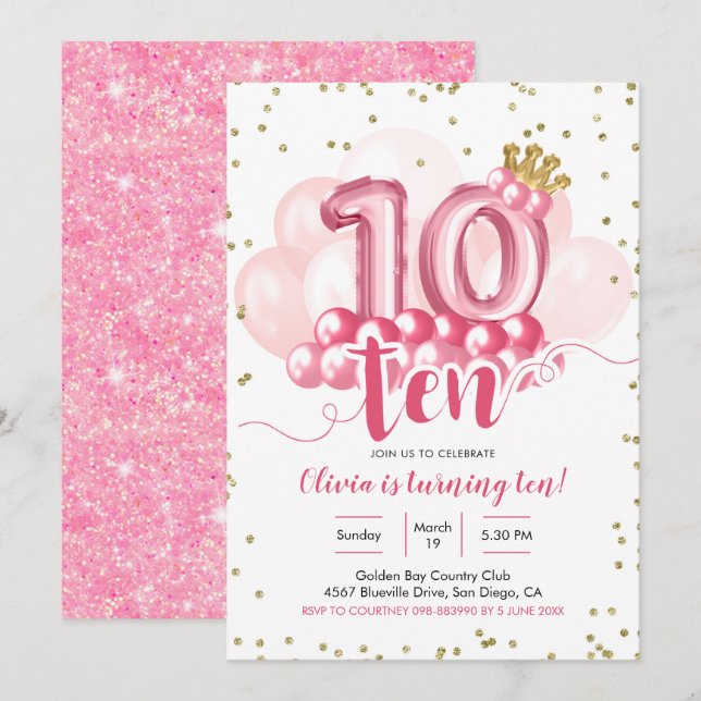 Pink Crown Balloon Tenth Birthday Invitation (Front/Back)