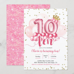 Pink Crown Balloon Tenth Birthday Invitation