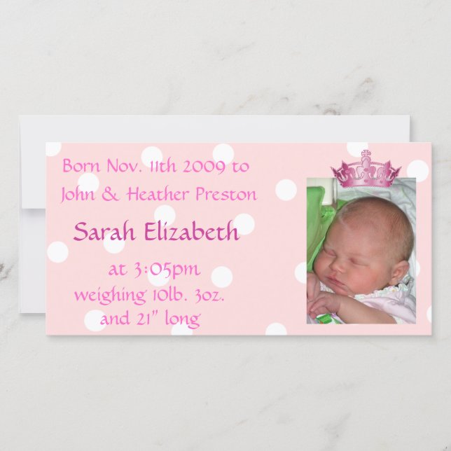 Pink Crown Birth Announcement Photo Card (Front)