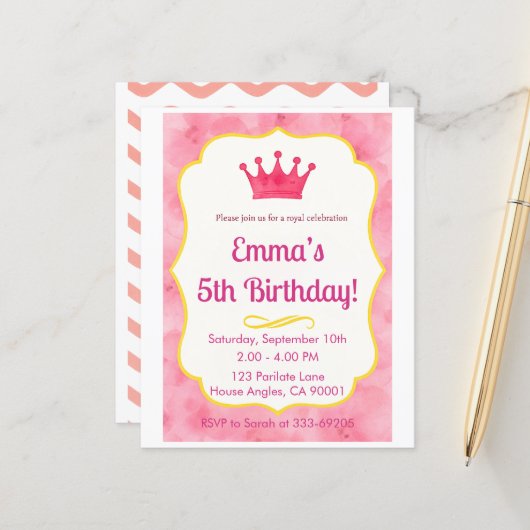 Pink Crown Birthday Invite | zazzlemade Magic (Front/Back In Situ)