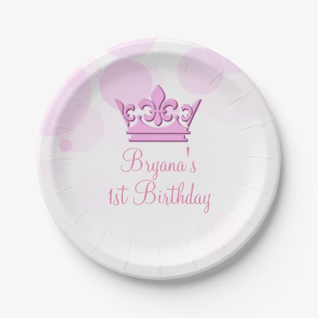 Pink Crown & Dots Royal Birthday Party Custom Paper Plates (Front)