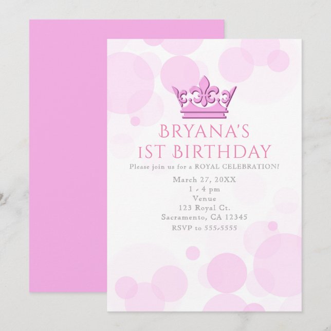 Pink Crown & Dots Royal Birthday Party Invitations (Front/Back)