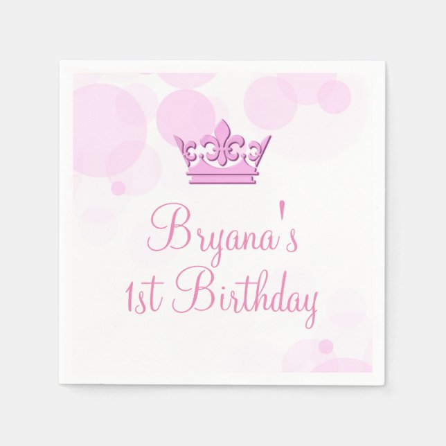 Pink Crown & Dots Royal Birthday Party Reception Napkins (Front)