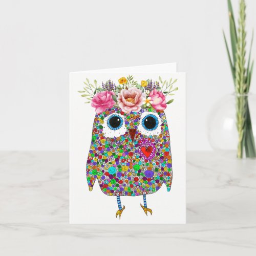 Pink Crown Floral Owl Greeting Card