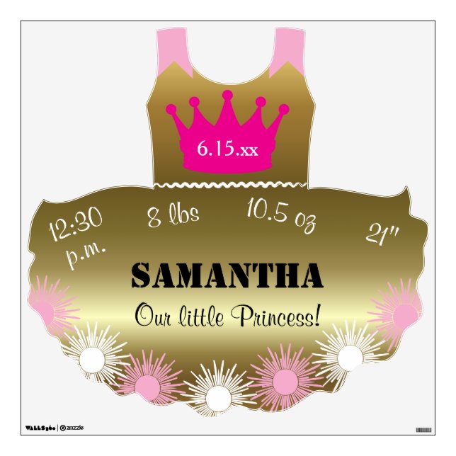 Pink Crown Gold Dress 30x30 Princess Name Wall Decal (Front)